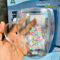 Double Walled Glass Mugs, 350ml Double Walled Star Coffee Mug, Insulated Floral Glass Mug